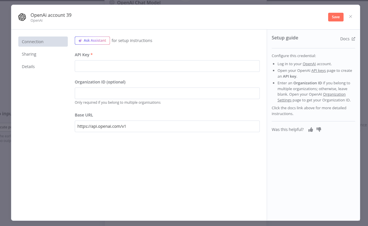 image showing the credentials dialog for OpenAI