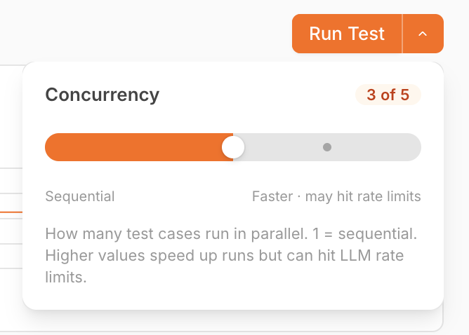 Run Test split-button with the concurrency popover open at 3 of 5