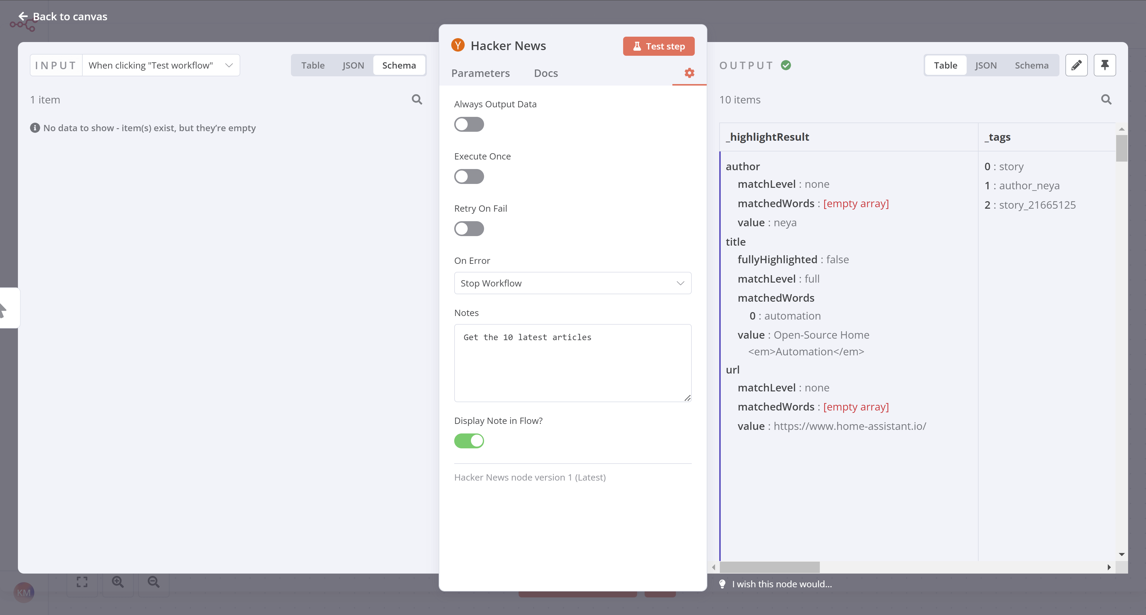 Results in Table view for the Hacker News node