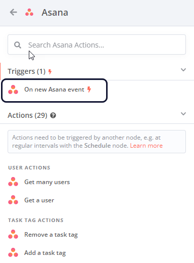Screenshot of the Asana node operations list, showing the Recommended section at the top of the list